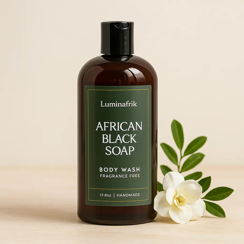 Luminafrik African Black Soap body wash bottle standing on a light wooden surface with a white flower and green leaves beside it.