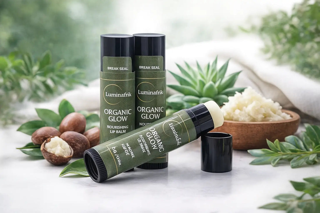 Luminafrik Organic Glow Nourishing Lip Balm displayed with raw shea butter and succulents, showcasing natural African lip balm ingredients.